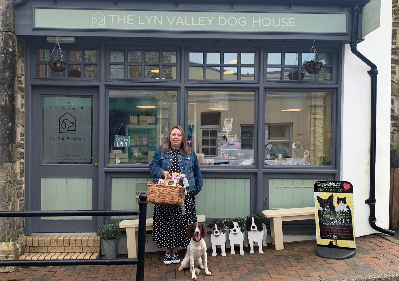 Stockist Jacquie with her dog, Mabel and The Lyn Valley Dog House